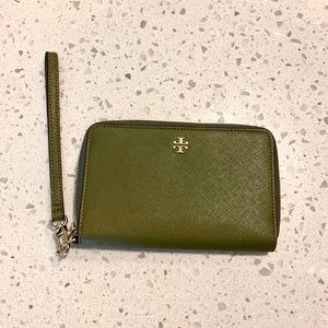 Tory Burch army green wristlet/wallet